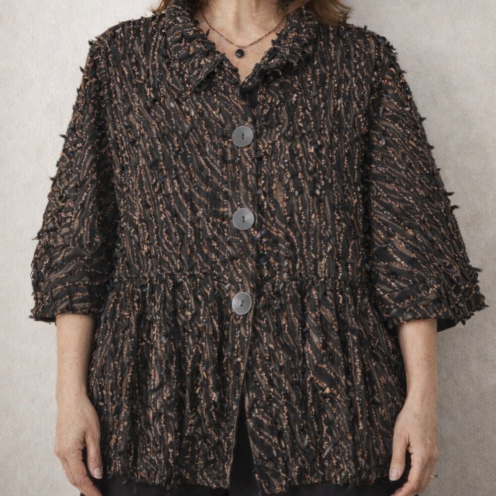 DAMEE INC Women's Mesh Sheer Shaggy Jacket Blazer Medium Black Gold Glam Artsy